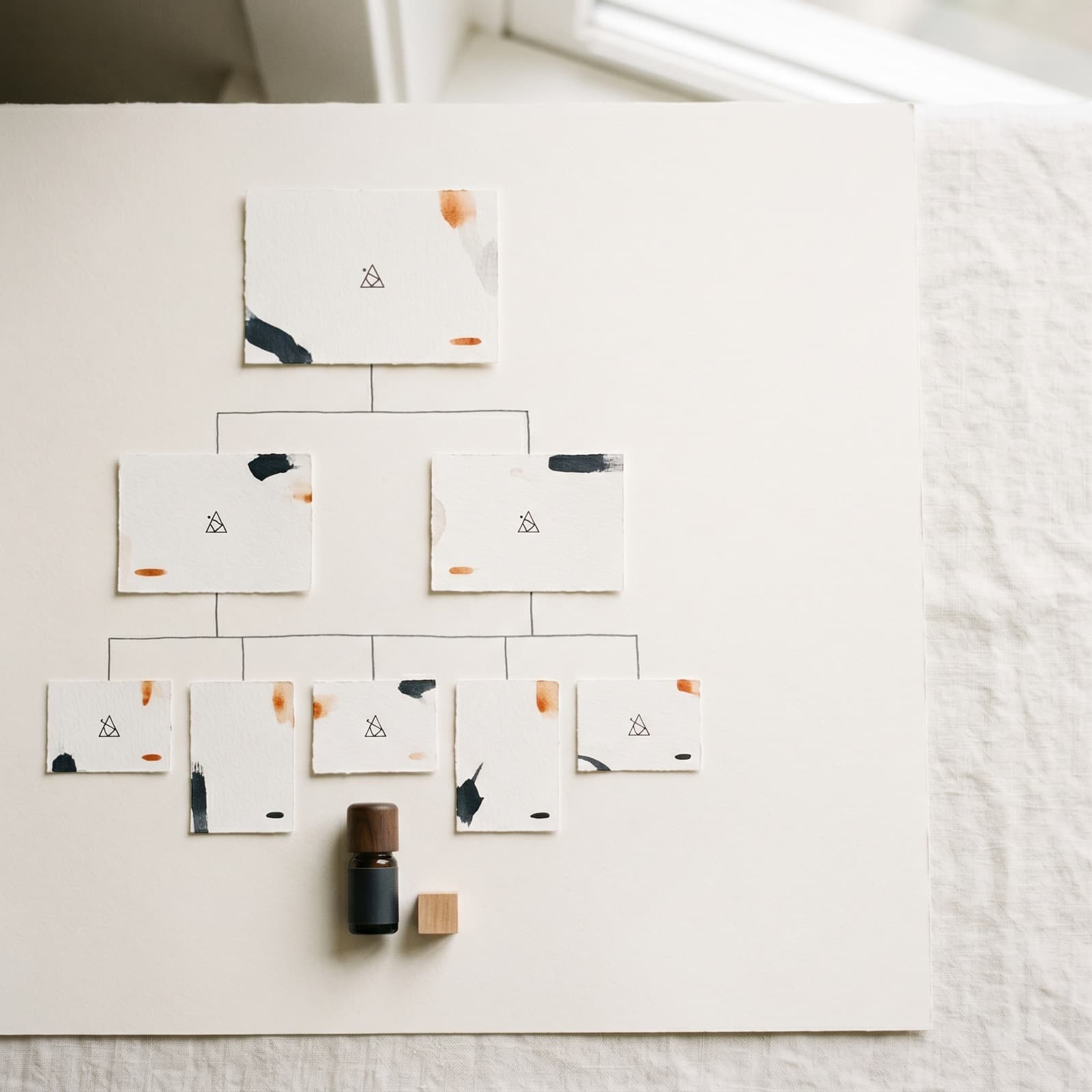 Overhead flat lay of small numbered paper cards arranged as an org chart on a warm off-white Nordic surface.