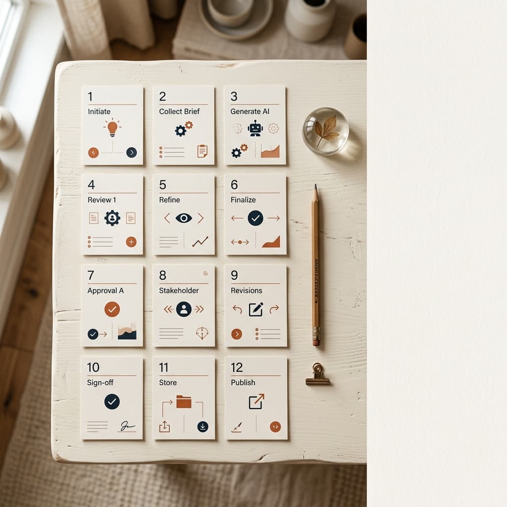 Overhead flat lay of small numbered paper cards arranged as approval tiers on a warm off-white Nordic surface.