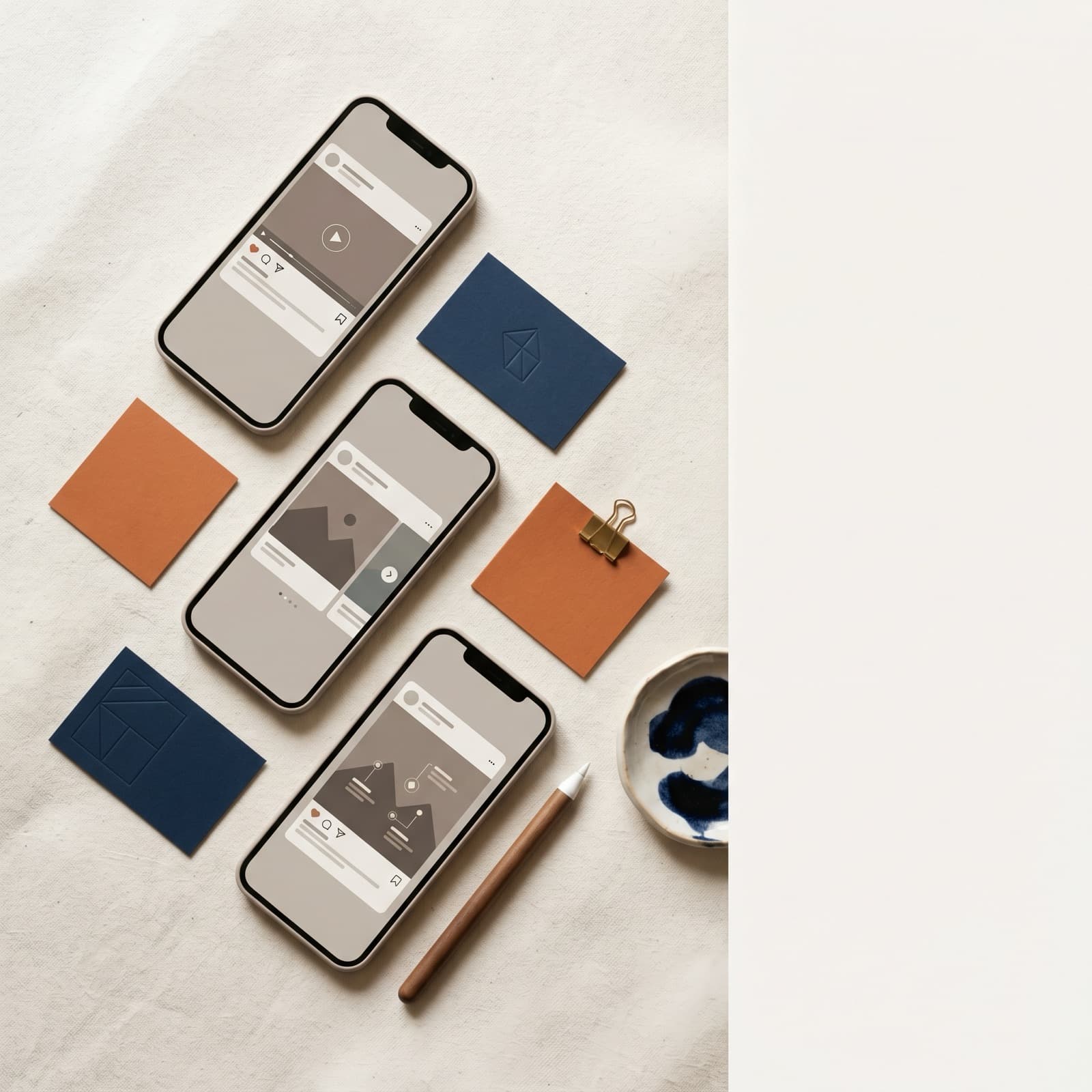 Editorial flat lay of three phone frames showing a fatiguing Meta ad set, with small paper cards marking frequency, CTR, and cost per result on a warm white Nordic studio surface with burnt orange and deep ink accents.