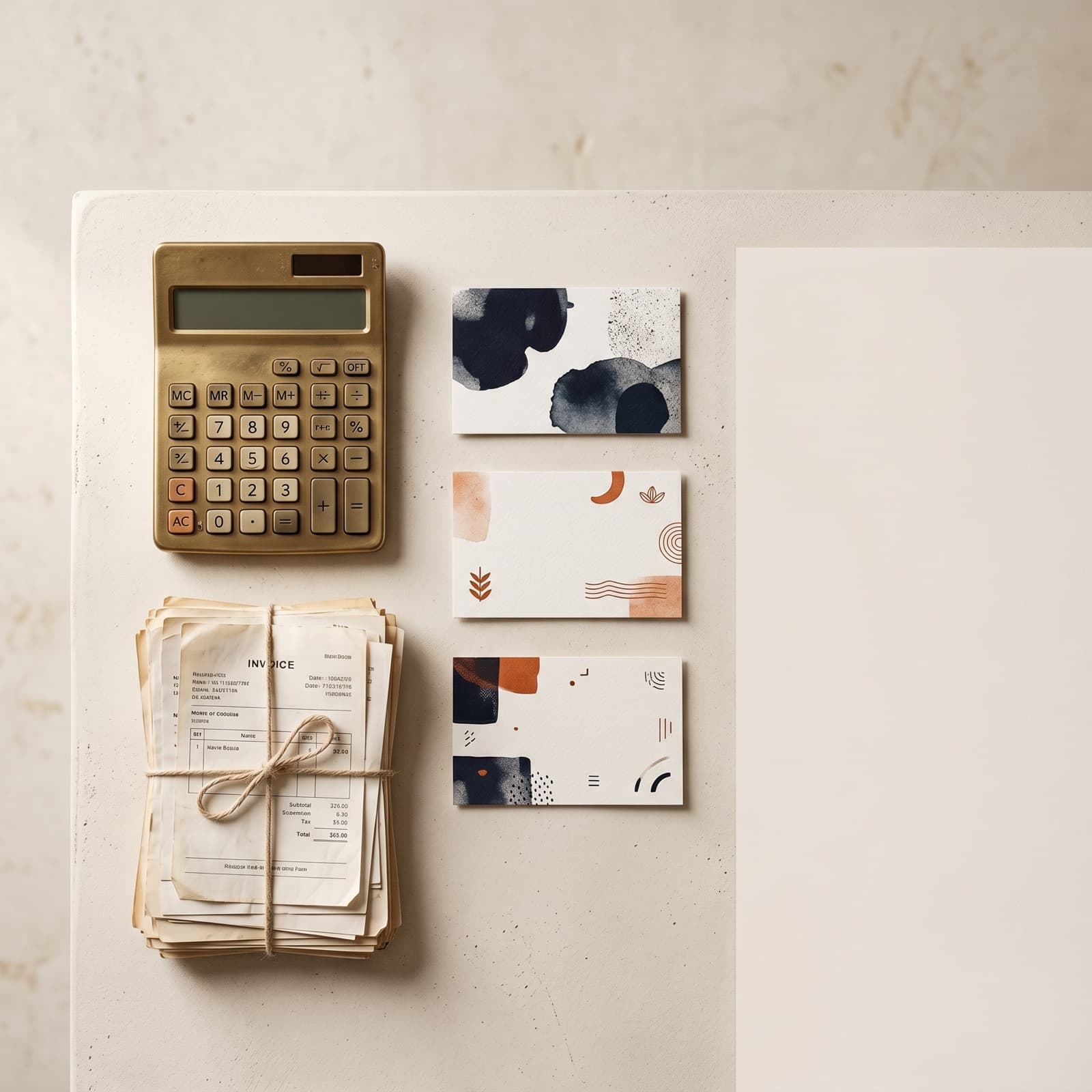 Editorial overhead flat lay of small printed product image cards labelled with euro prices, a brass calculator, and stacked receipts on a warm off-white Nordic studio surface with burnt orange and deep ink colour accents.