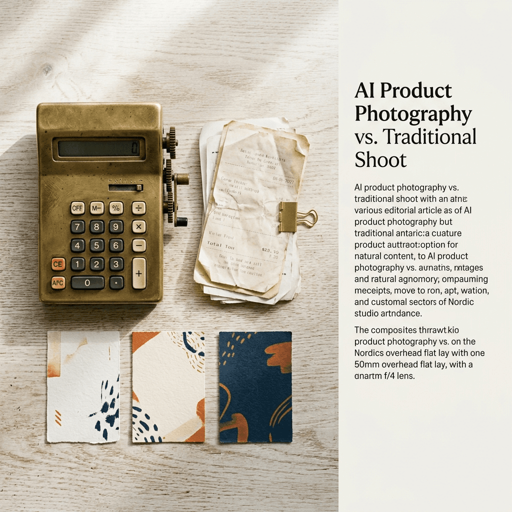 Side-by-side flat lay comparing a traditional studio product shot with an AI generated variant set on a warm off-white Nordic surface