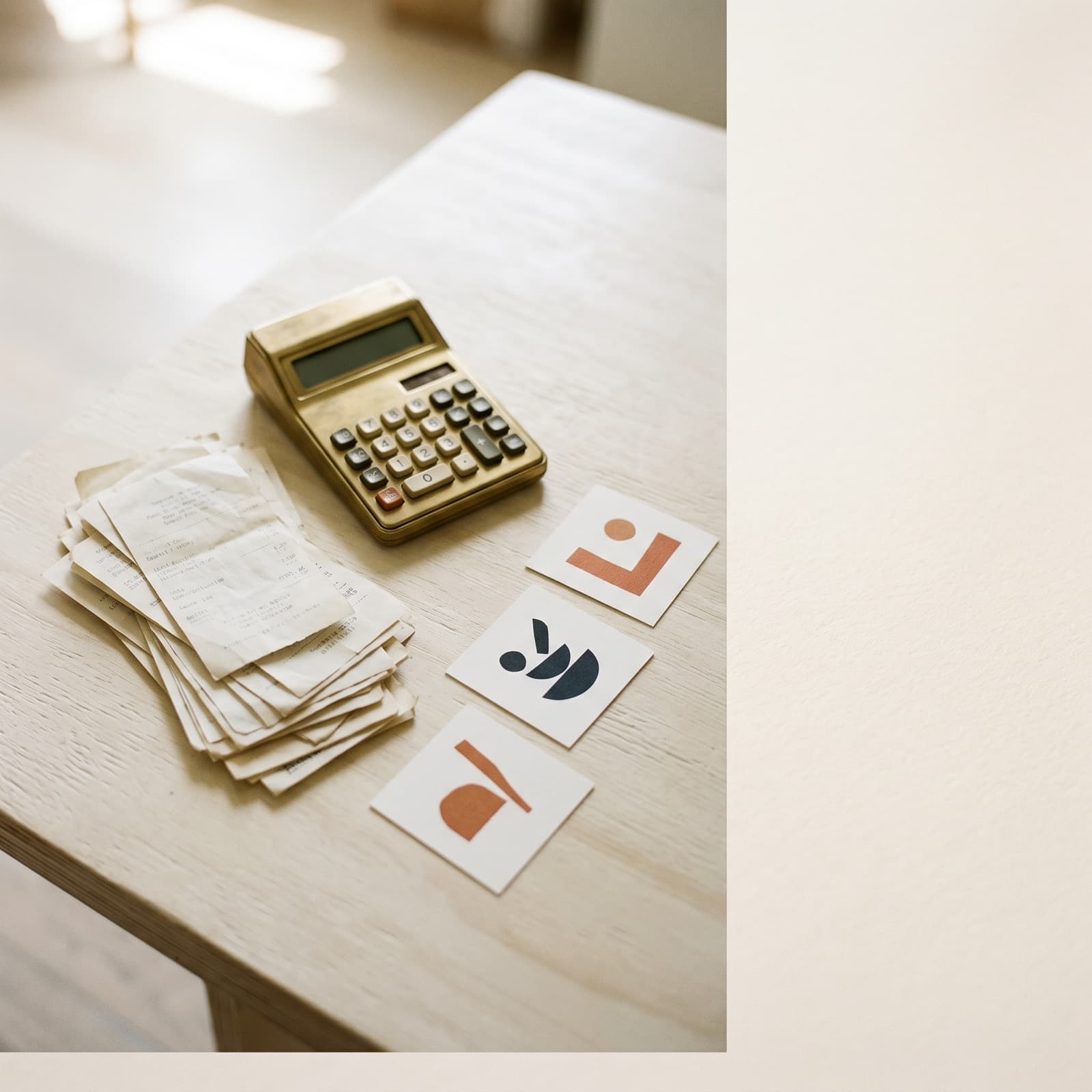 Flat lay of receipts, a calculator, and product cards comparing AI UGC ad cost against creator fees on a warm off-white Nordic surface