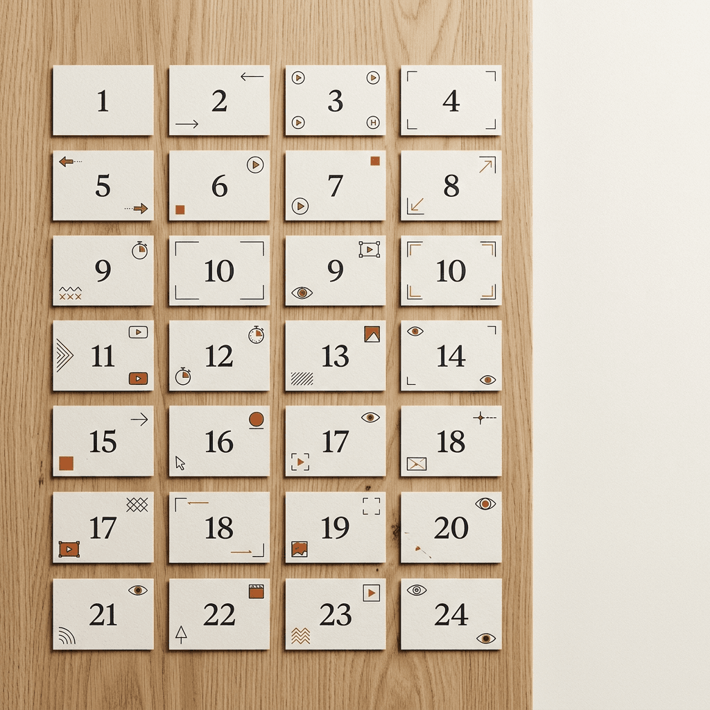 Editorial overhead flat lay of a modular grid of small numbered paper cards on a warm off-white Nordic studio surface with burnt orange and deep ink accents, suggesting a tagged hook library.