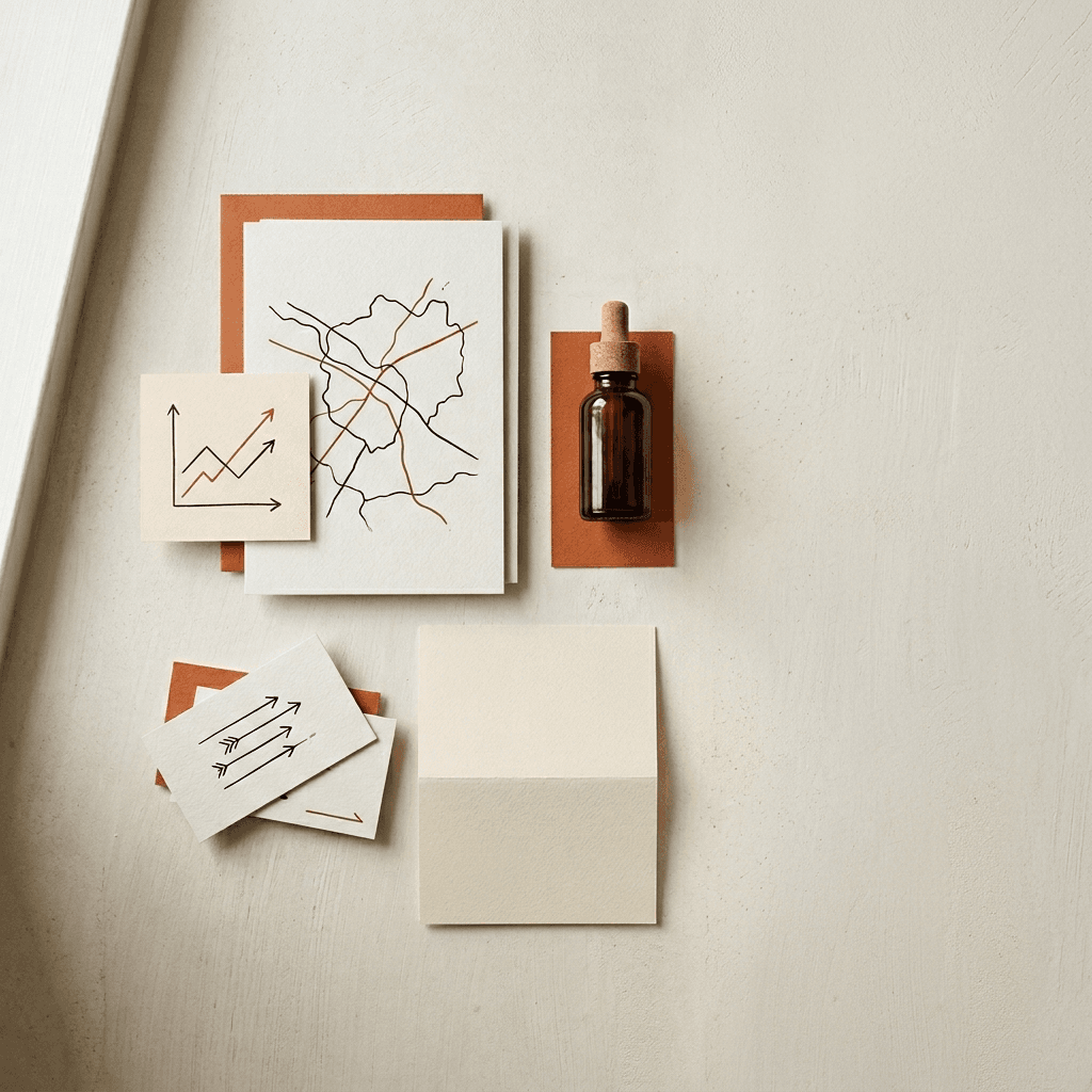 Editorial flat lay of numbered cards on a warm off-white Nordic surface, suggesting a GEO readiness framework for DTC brands.