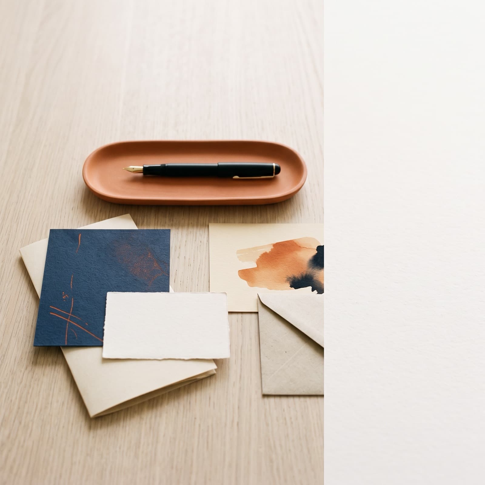 Editorial flat lay of numbered paper cards and a single product element on a warm off-white Nordic surface, suggesting a framework for getting cited by ChatGPT.
