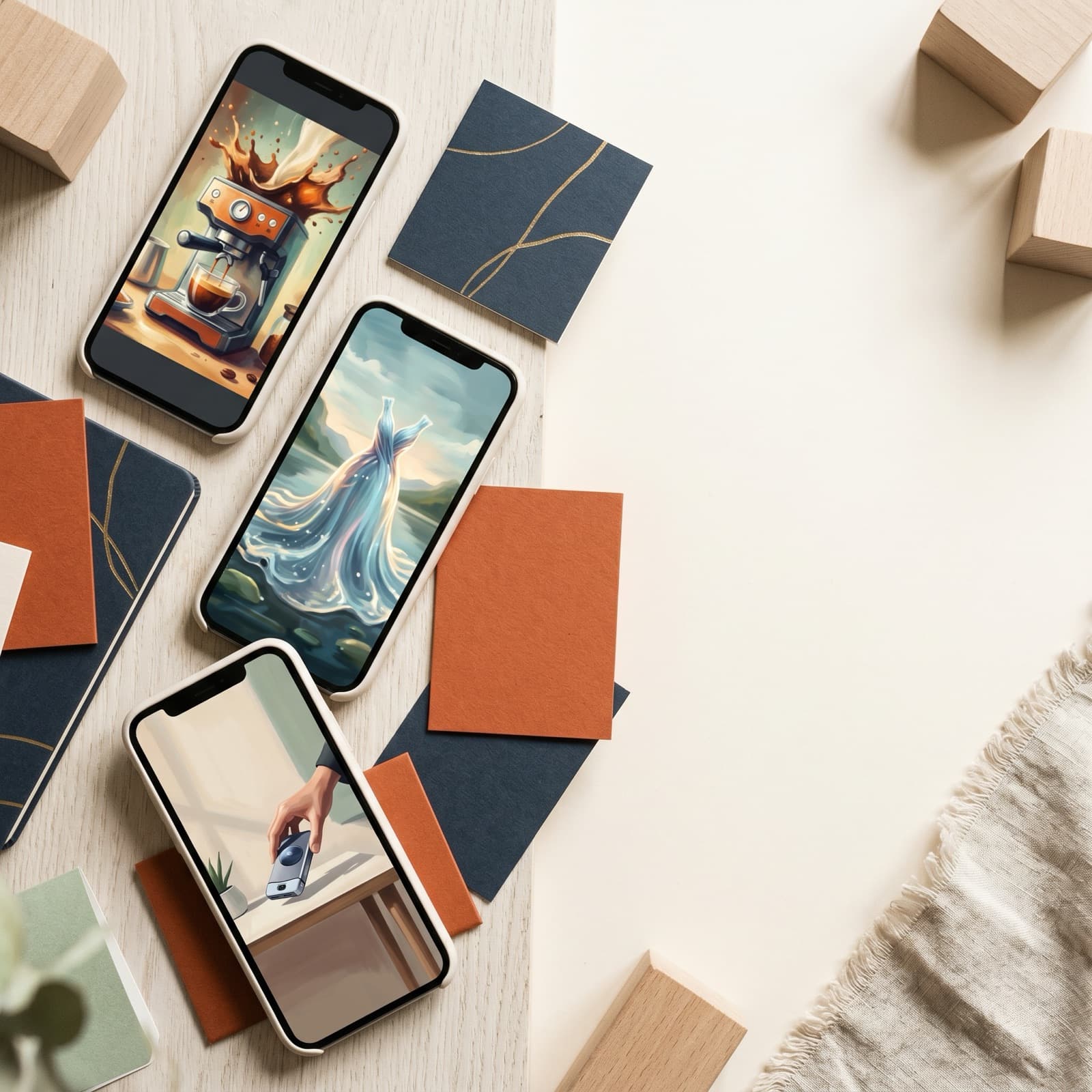 Editorial overhead flat lay of two vertical phone frames on a warm off-white Nordic studio surface representing competing AI video models for ad production