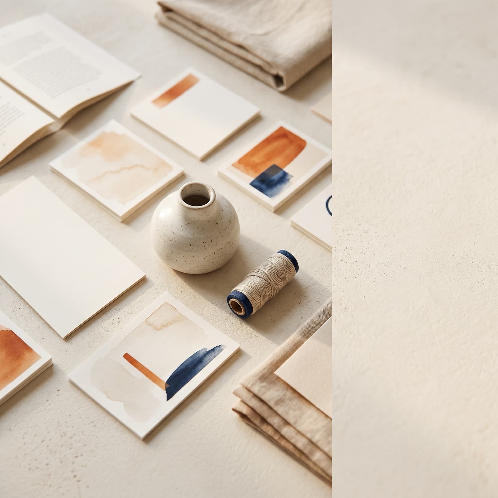 Editorial flat lay of labeled cards arranged as a curated index on a warm off-white Nordic surface, suggesting an llms.txt map.