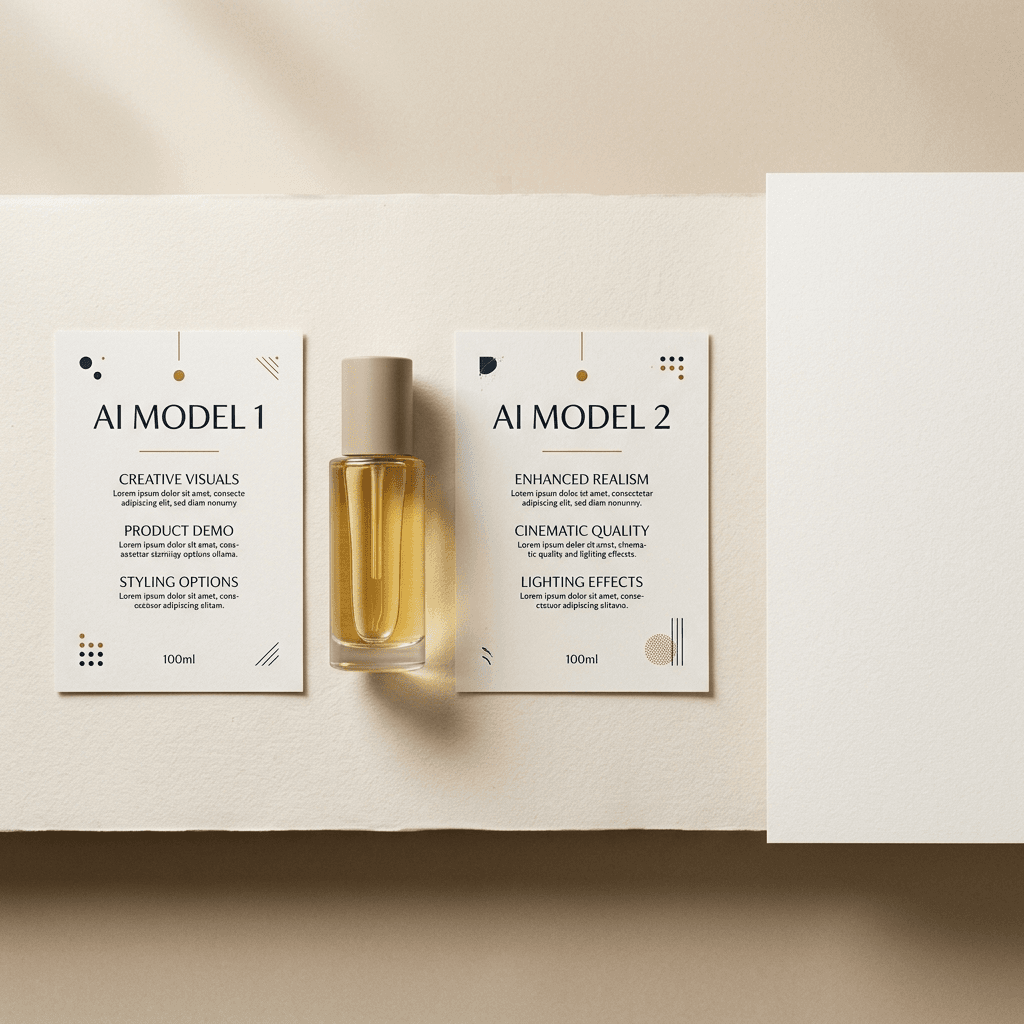 Editorial overhead flat lay of two matte product cards on a warm off-white Nordic studio surface representing competing AI video models for product video