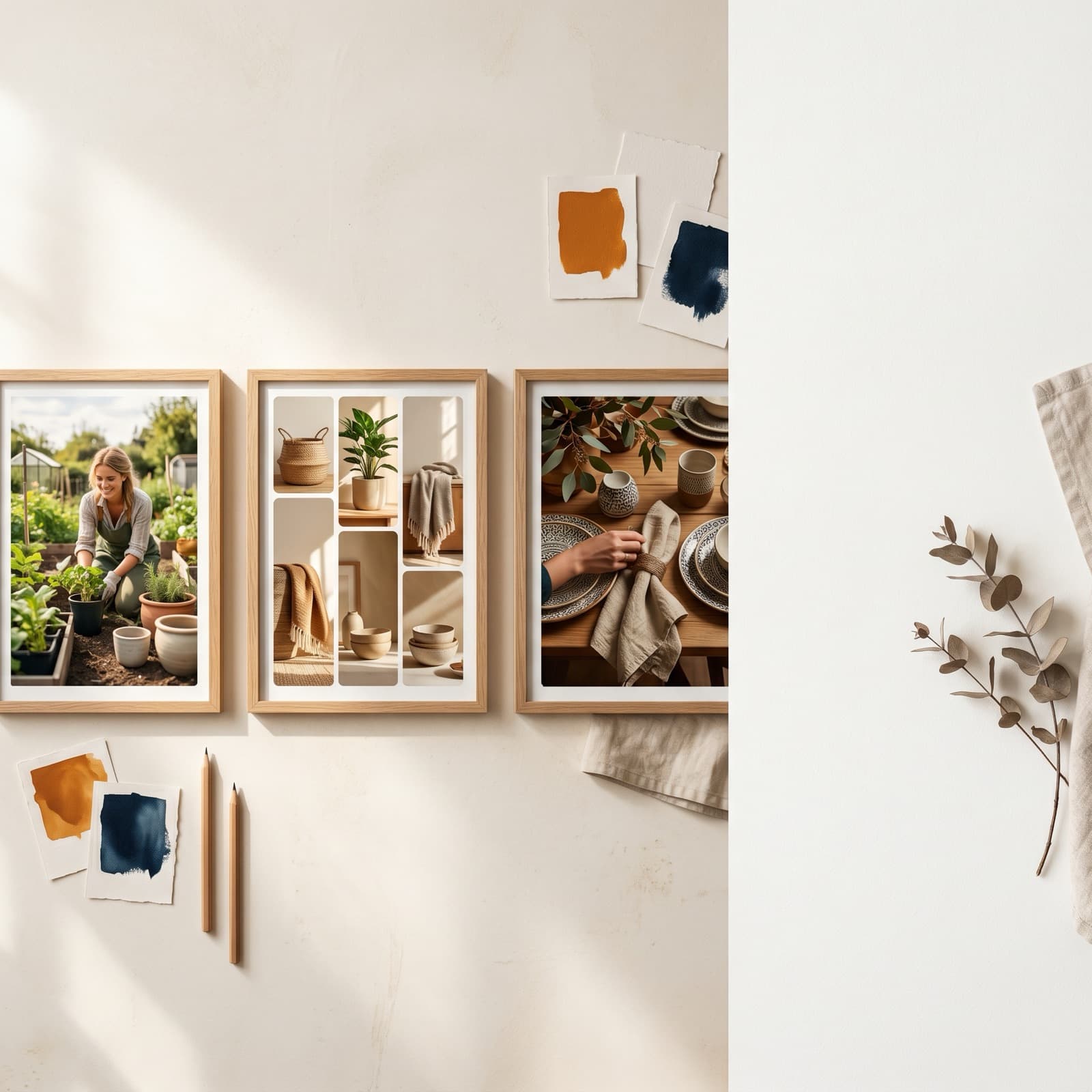Editorial overhead flat lay of three vertical 2:3 Pinterest Pin frames showing distinct ad formats on a warm off-white Nordic studio surface with burnt orange and deep ink paper accents.
