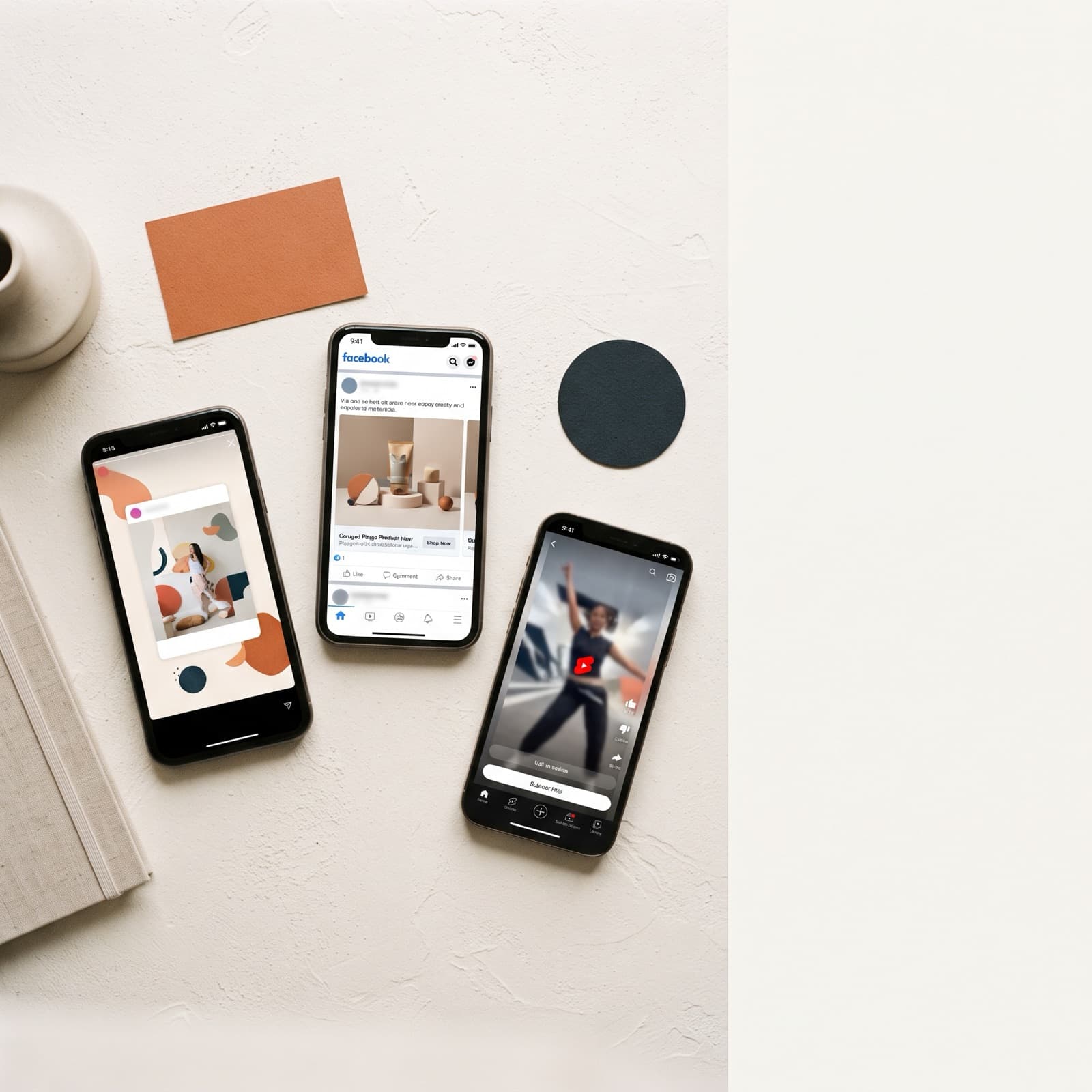 Editorial overhead flat lay on a warm off-white Nordic surface, two phone frames showing a Google Performance Max asset spread and a Meta Advantage Plus placement, with paper variant cards between them.