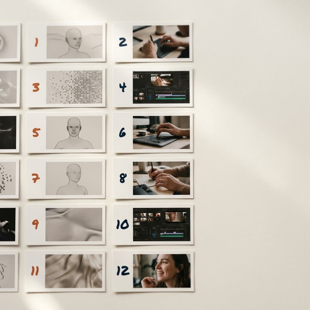 Overhead flat lay of paper cards arranged as a decision framework on a warm off-white Nordic surface.