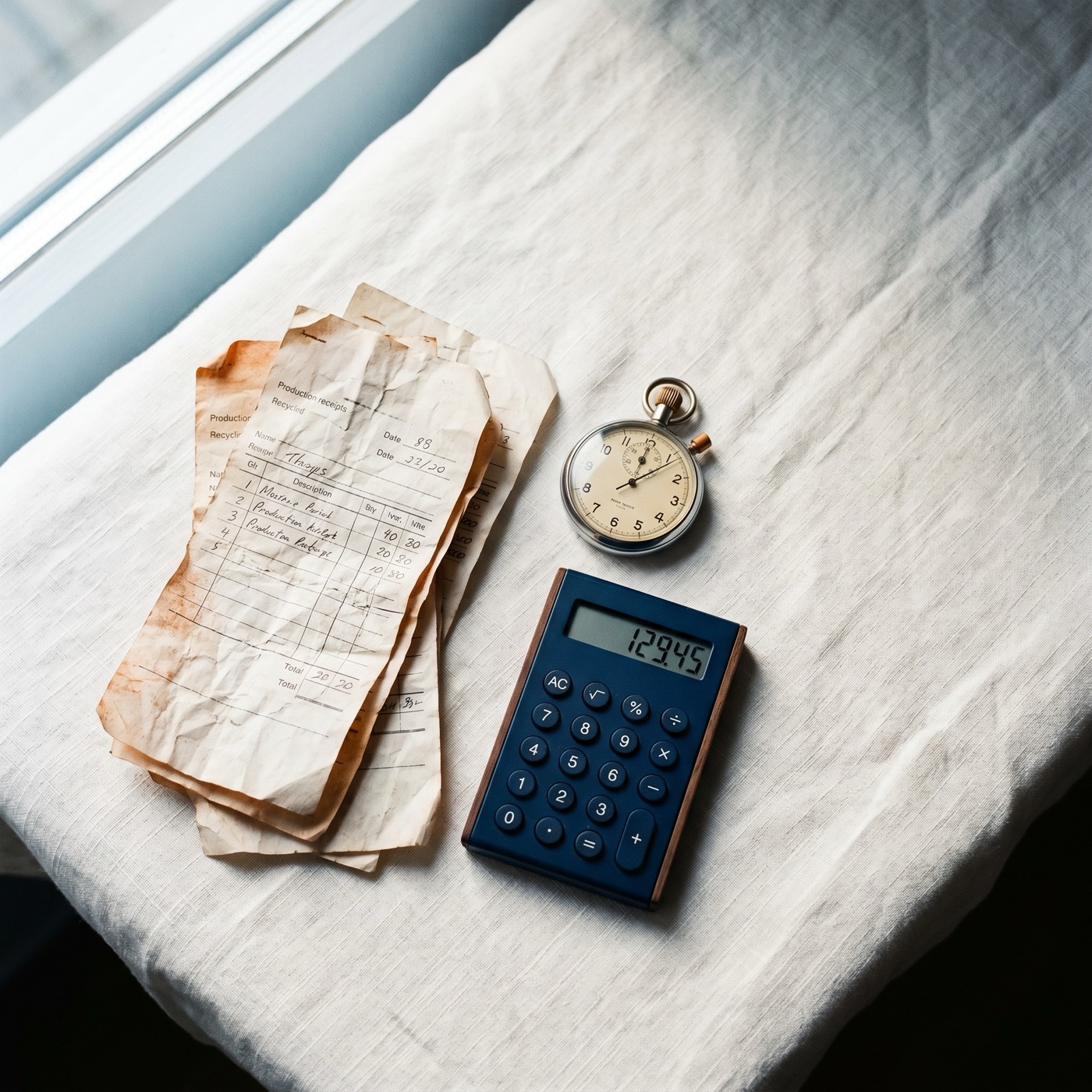Overhead flat lay of a production receipt, a stopwatch, and a small calculator on a warm white surface.