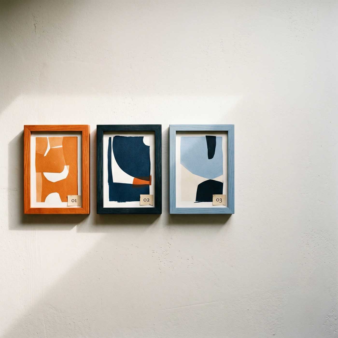 Editorial flat lay of three printed sample frames, each labeled with a small numbered tag 01, 02, 03, laid in a row.