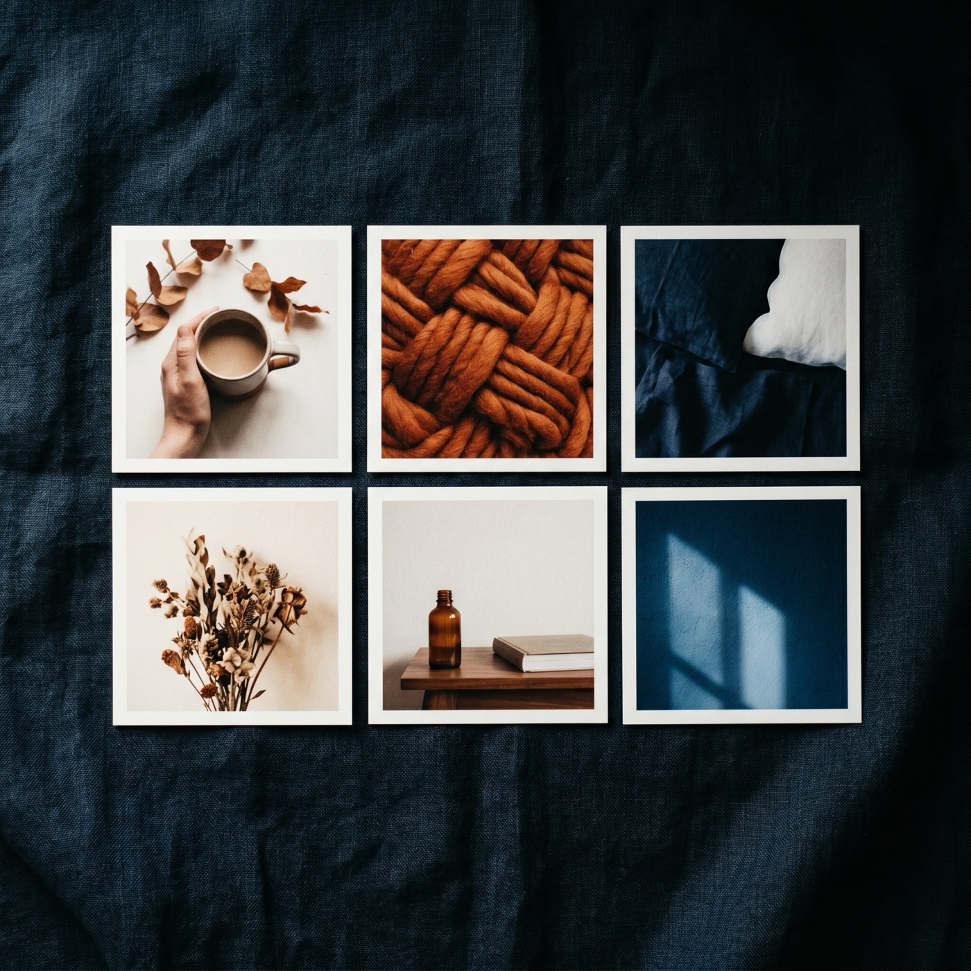 Grid of lifestyle product shots showing styled composition and warm light.