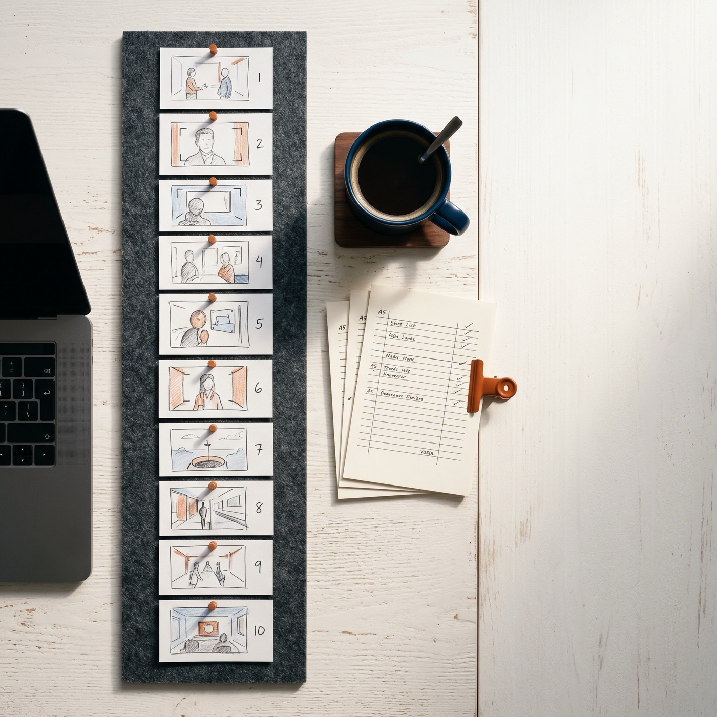 Overhead view of a production desk with storyboard cards, a laptop showing a render queue, and a printed shot list.