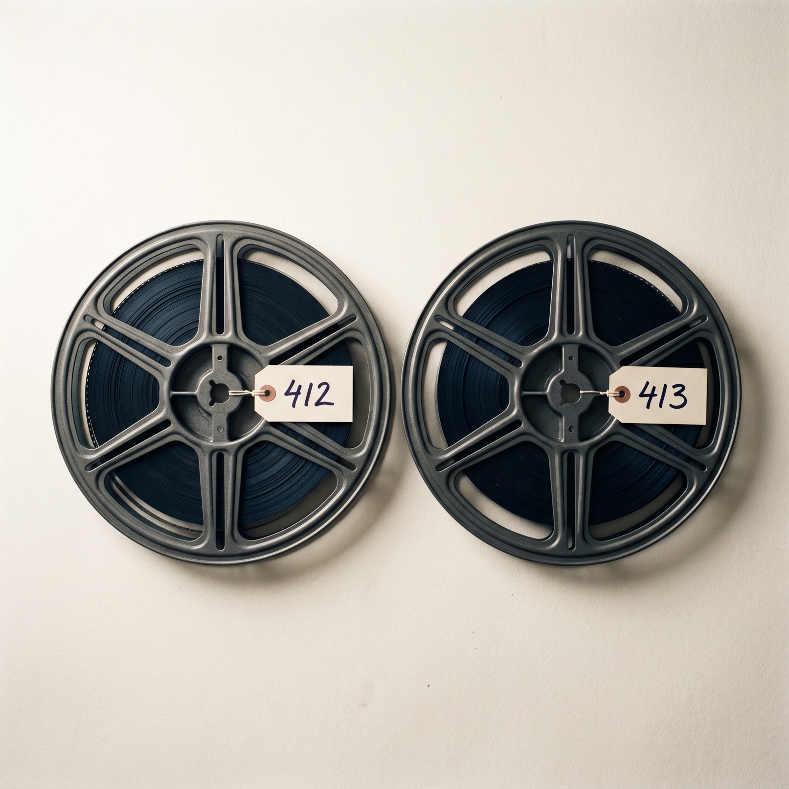 Overhead of two matte film reels on a warm off-white studio surface, each with a small label tag.