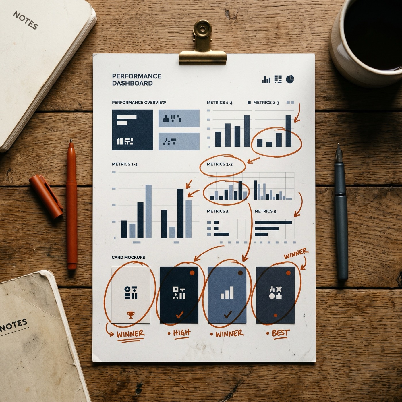 Overhead of a monthly performance dashboard printed onto cards with winning variants circled in burnt orange.