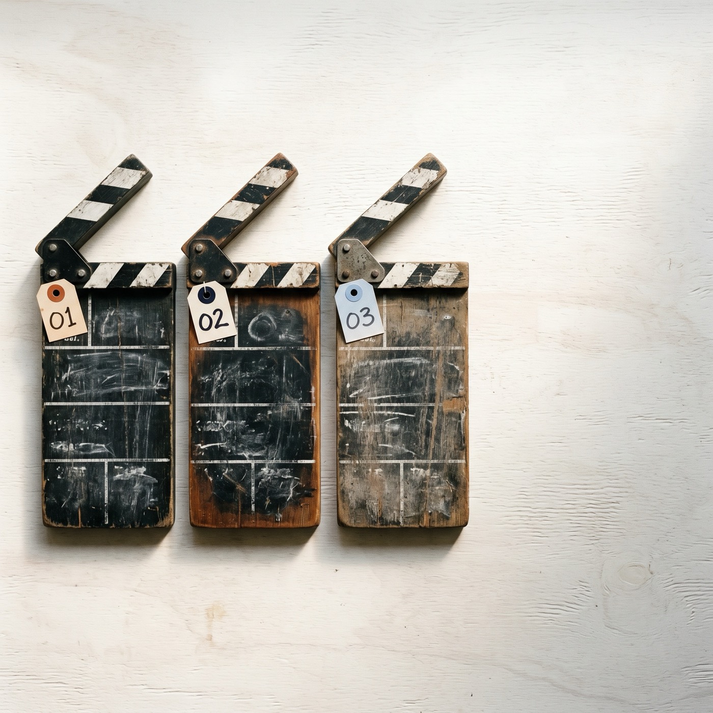 Overhead row of three clapperboards with small tags 01, 02, 03 on a warm white surface.