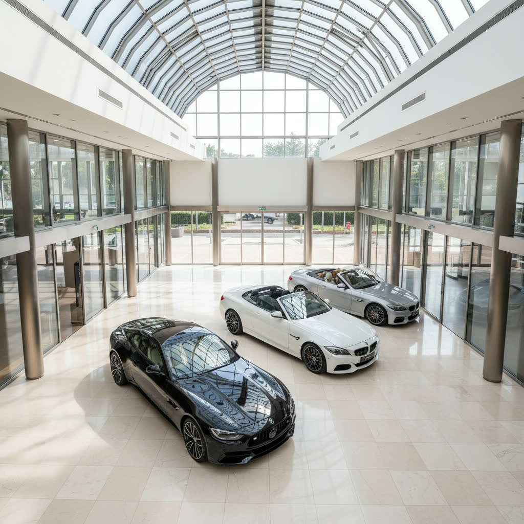 Luxury dealership overhead shot. AI-generated automotive editorial