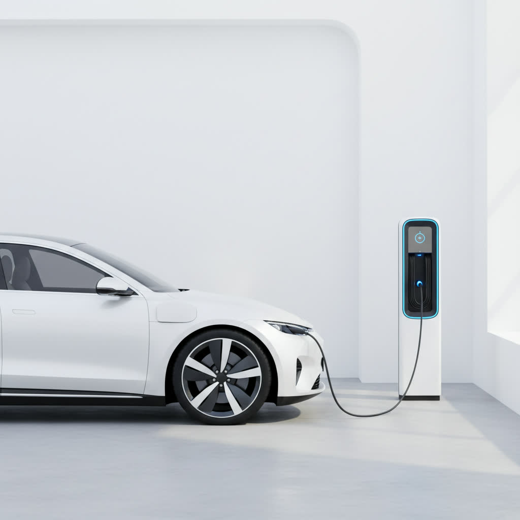 EV charging at modern white station. AI-generated commercial photography