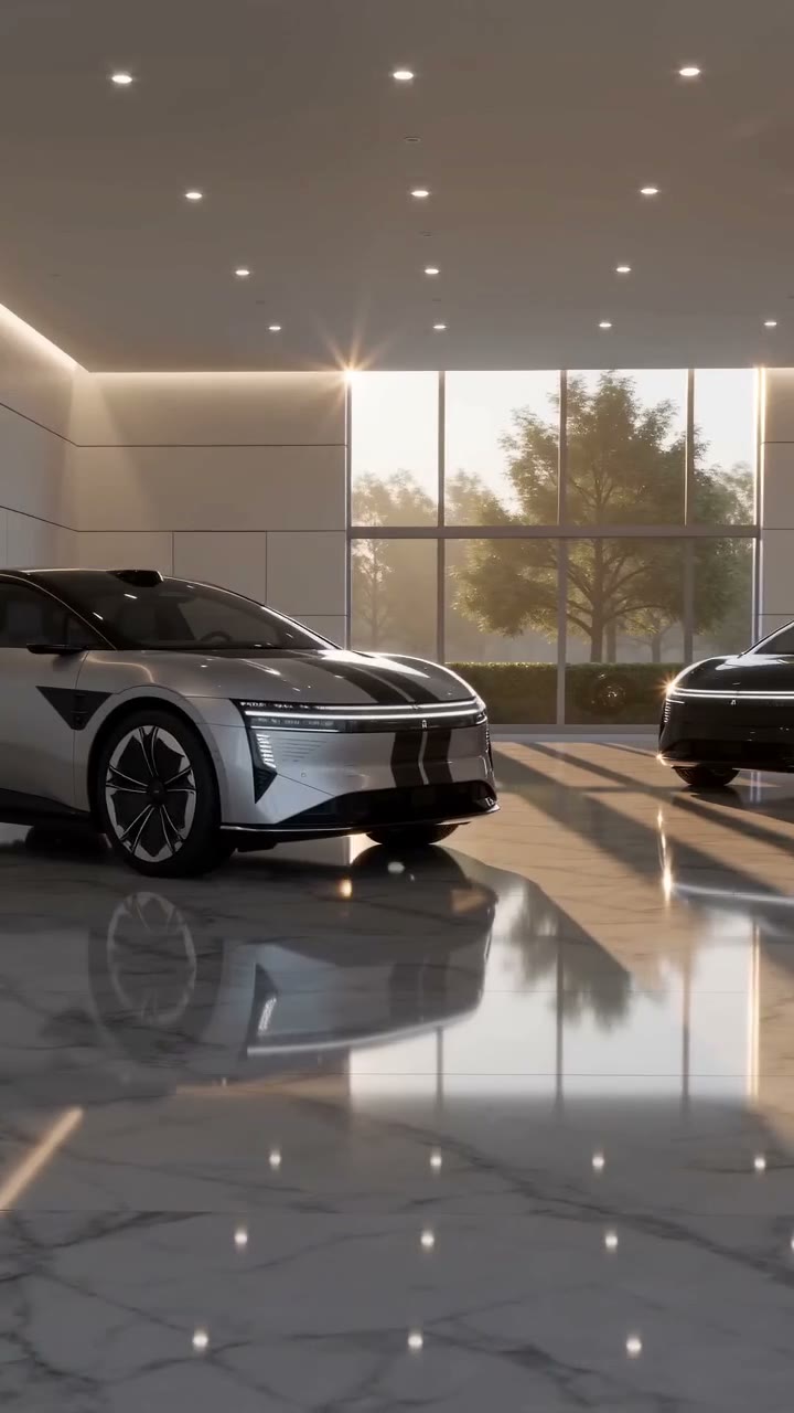 Luxury EV showroom dolly shot. AI-generated automotive commercial