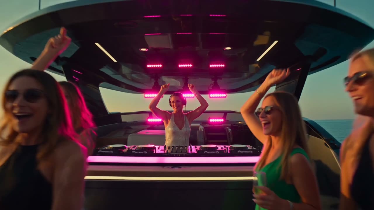 Sunset yacht party. AI-generated cinematic hospitality content