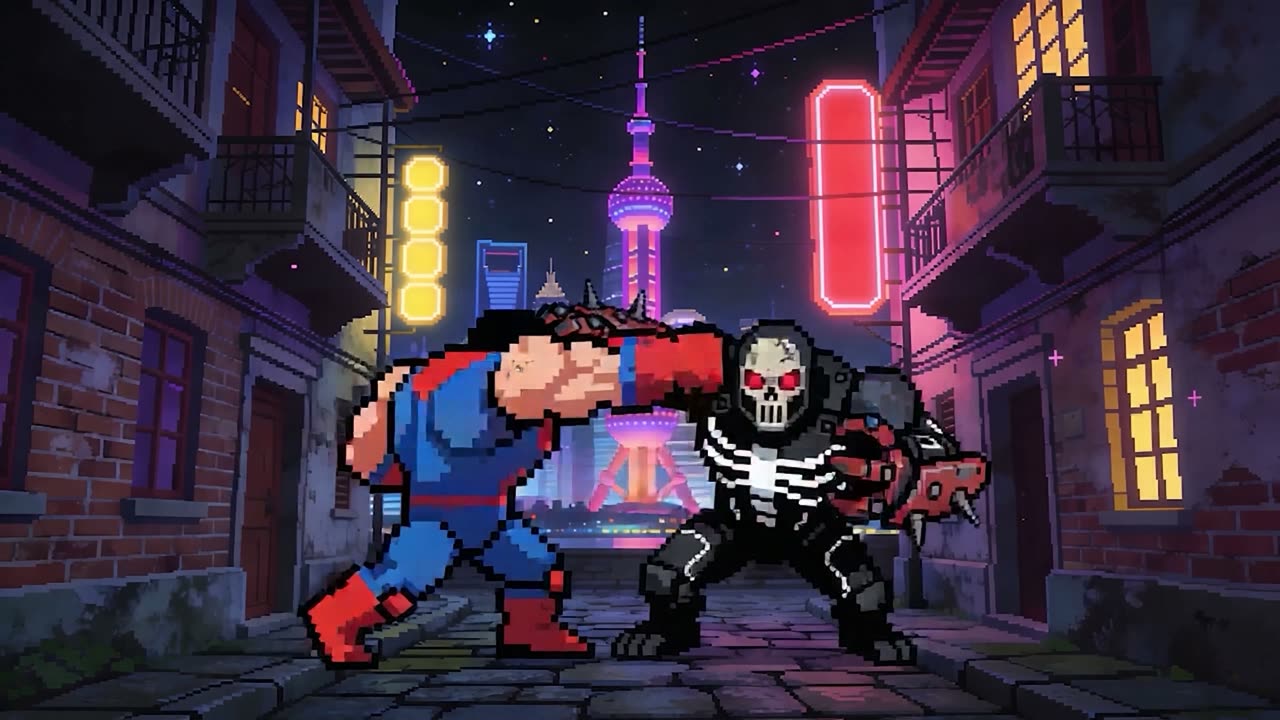 Pixel-art brawler cinematic. AI-generated game ad creative