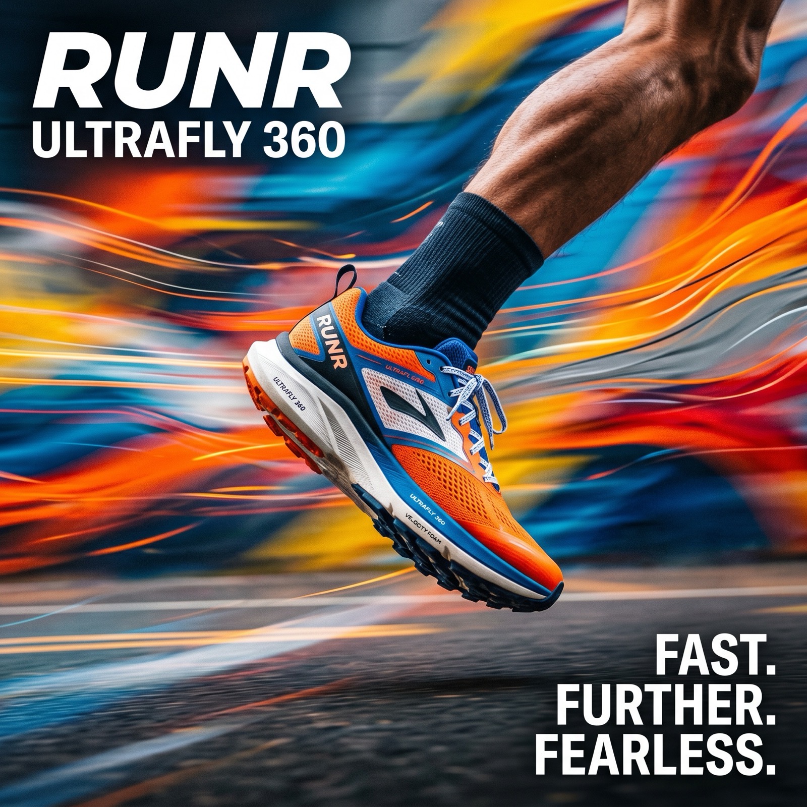 Running shoe mid-motion against an abstract color-field background