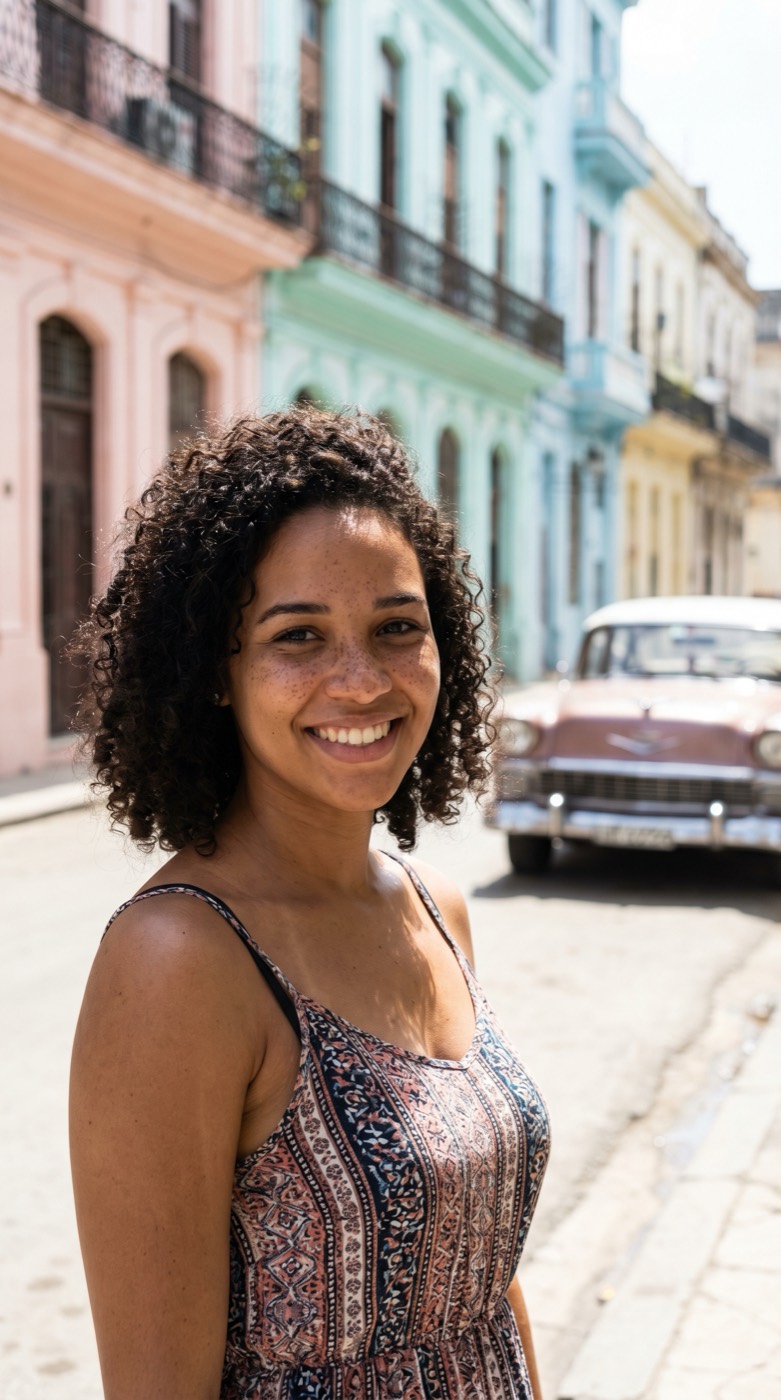 AI UGC creator smiling on a pastel-coloured Havana street with a vintage car, summer travel mood