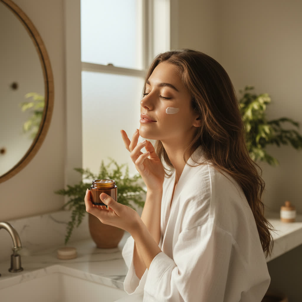Vertical beauty ad, morning routine. AI-generated lifestyle