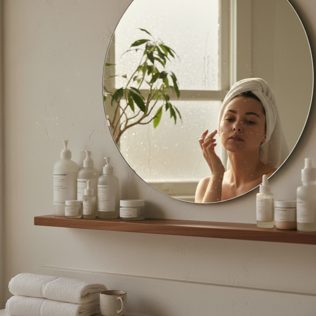 Bathroom skincare shelf, morning light, 3:4 lifestyle. AI-generated
