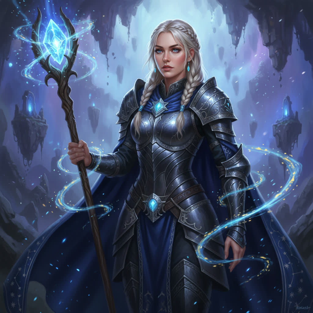 RPG mage character poster with glowing staff. AI-generated