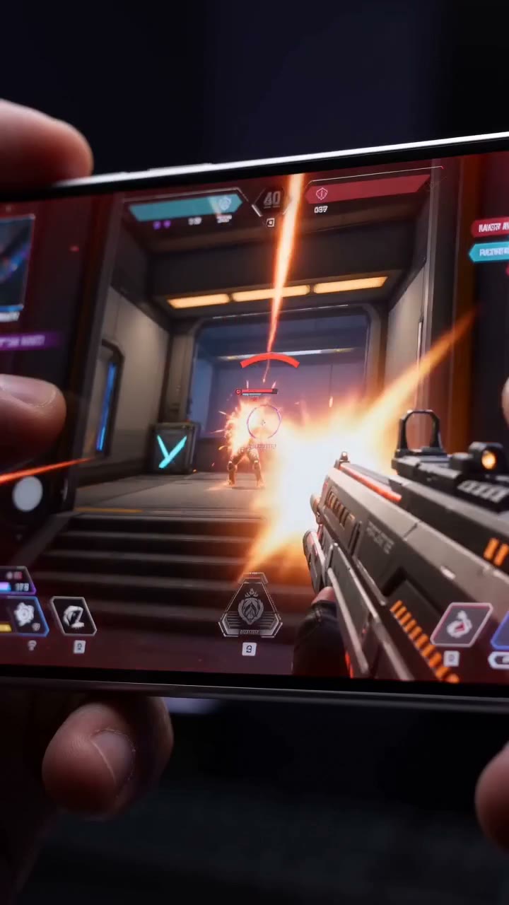Mobile gaming ad, hand holding phone with action gameplay. AI-generated 9:16
