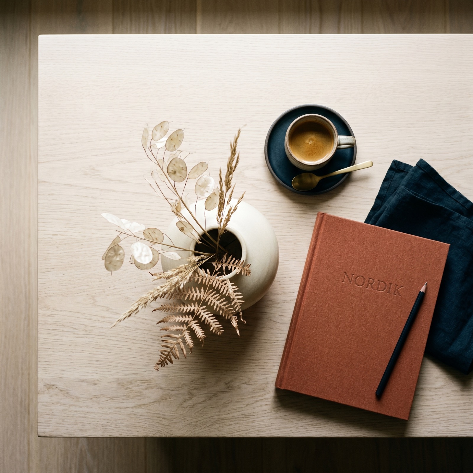 Styled Scandinavian coffee table with ceramic vessel and dried botanicals. AI-generated home lifestyle