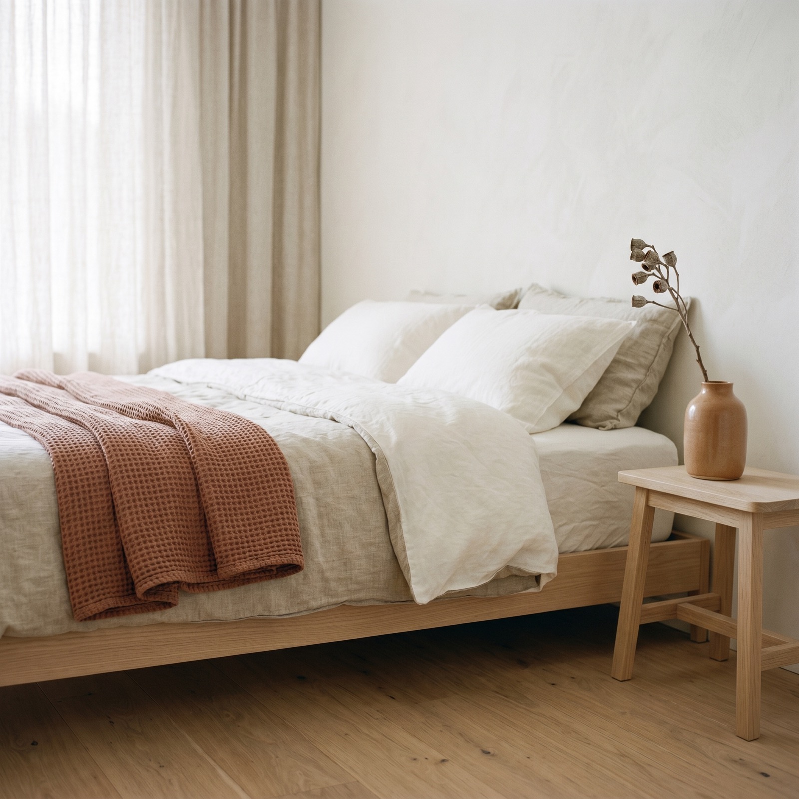 Minimalist bedroom corner with platform bed and linen throw. AI-generated home lifestyle