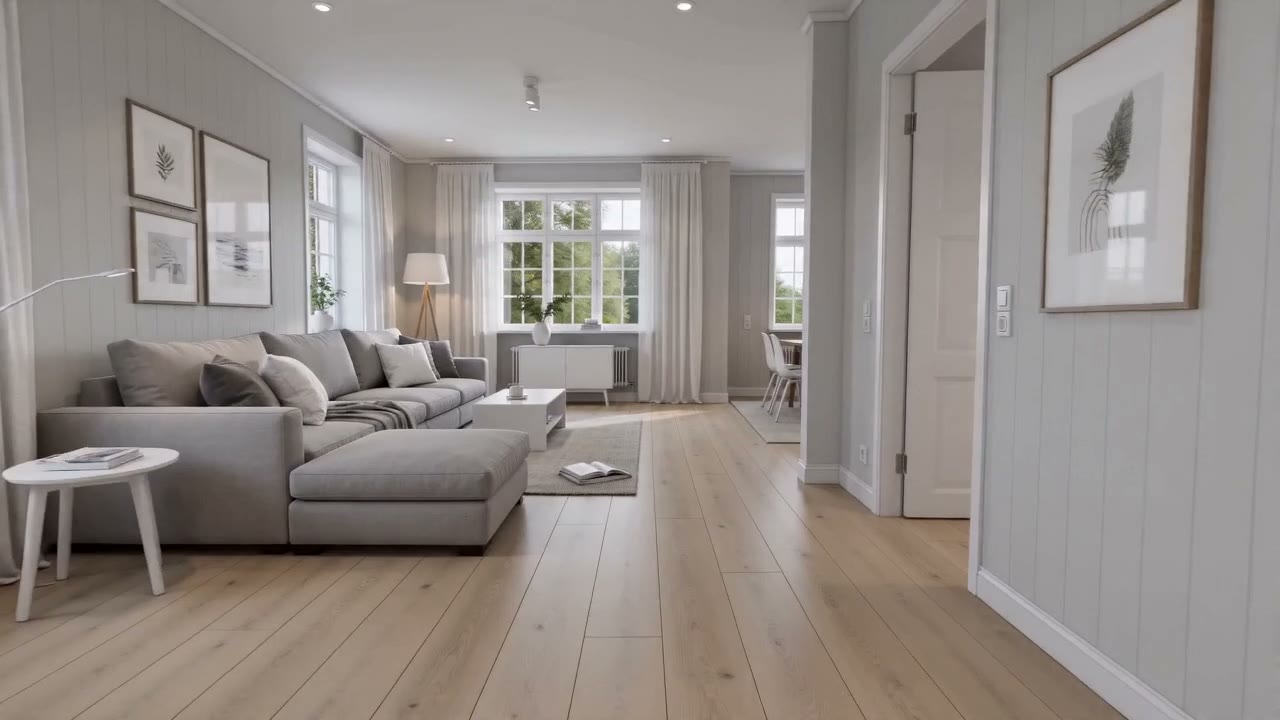 Minimalist Scandinavian home walkthrough reel. AI-generated interior 16:9