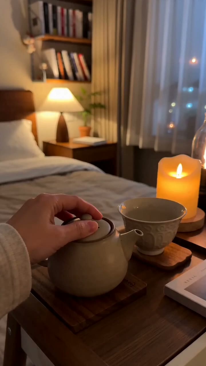 Cozy evening home reel, candle and tea. AI-generated vertical lifestyle
