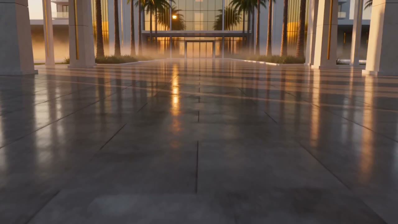 Luxury resort arrival reel, cinematic dolly shot at sunset. AI-generated