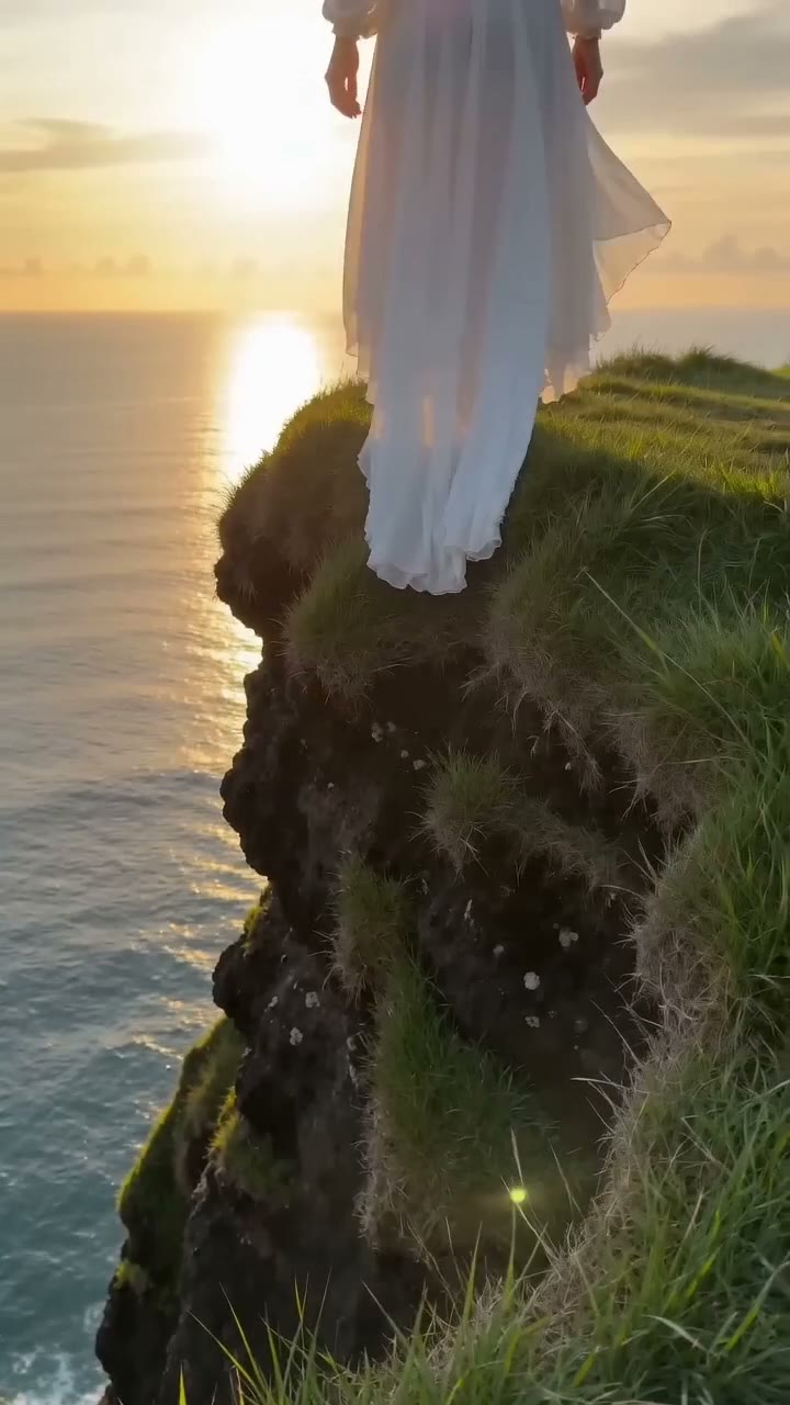 Vertical travel reel, cliff-edge sunset vista. AI-generated 9:16