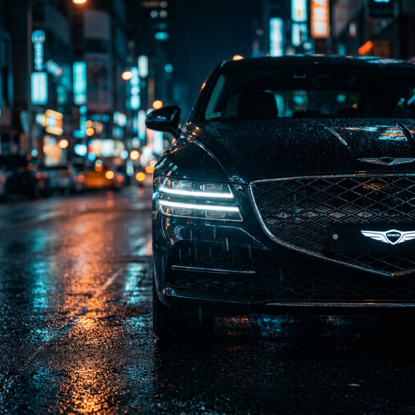 Portrait macro of an EV headlight cluster with wet pavement reflections