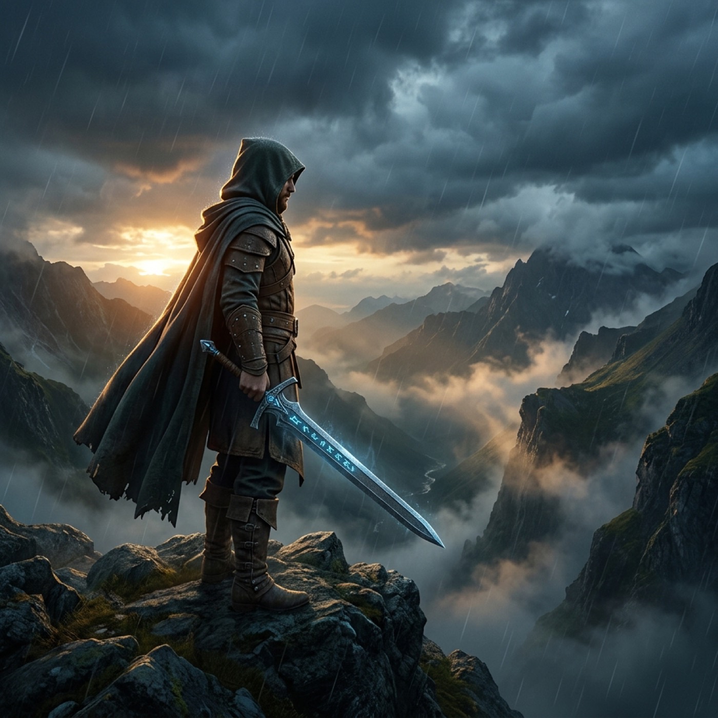 Cinematic fantasy RPG key art with a hooded hero on a stormy mountain ridge