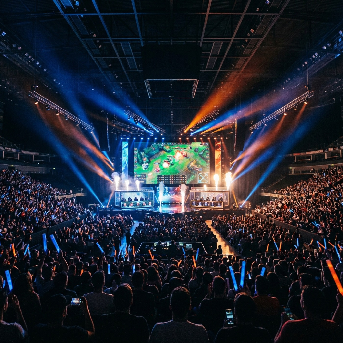 Editorial esports arena wide shot with lighting rigs and crowd silhouettes