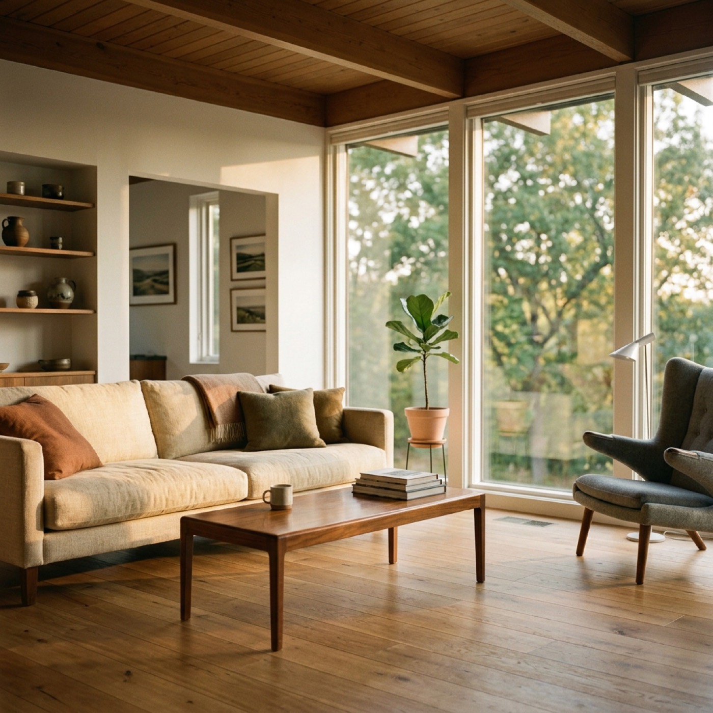 Mid-century Scandinavian living room with floor-to-ceiling windows